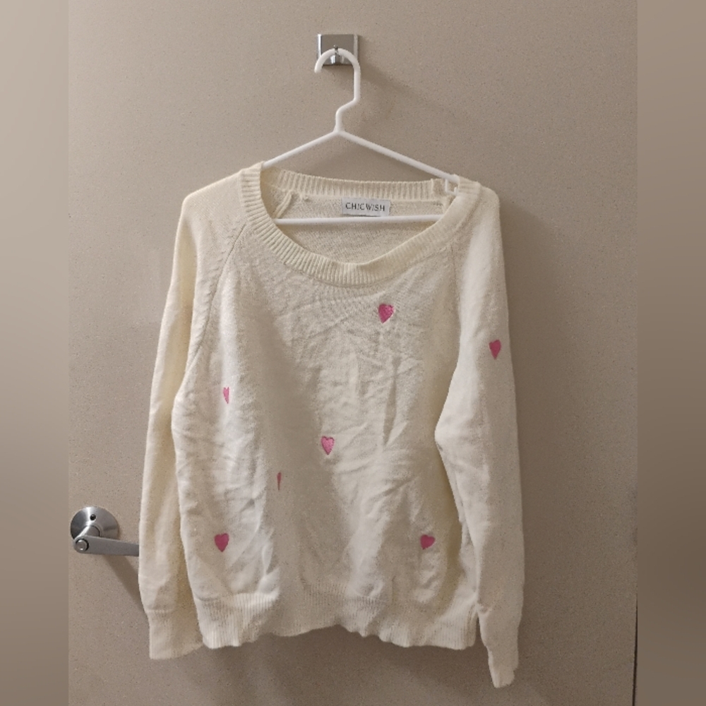 ChicWish Embroidered Heart Crewneck Sweater Fits XL